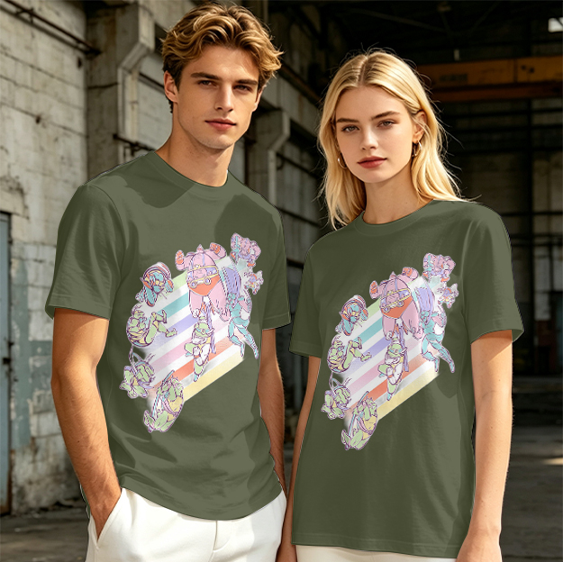 Olive Green T-Shirt With Pastel Whimsical Character Art Print