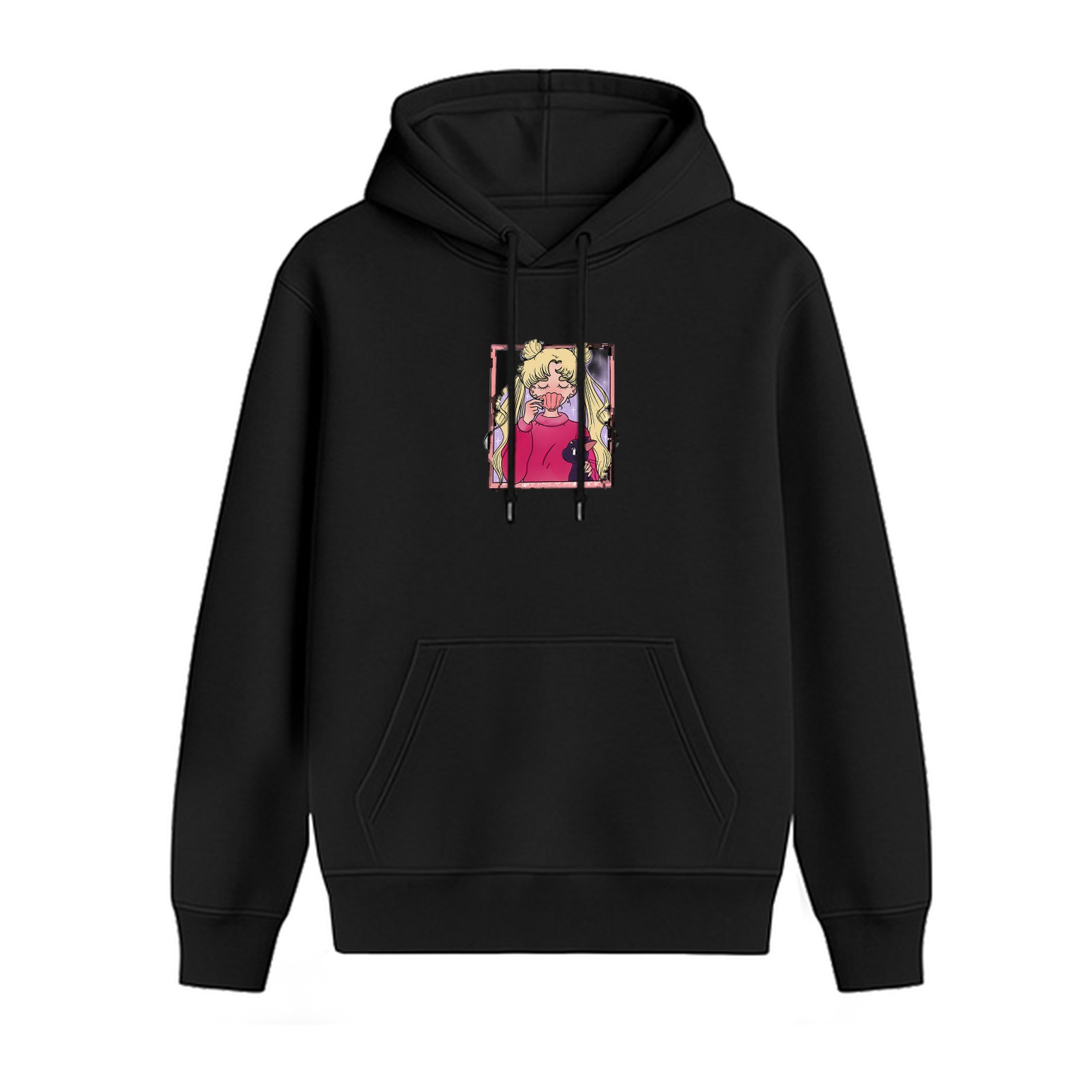 Black hoodie with Sailor Moon yawning graphic print