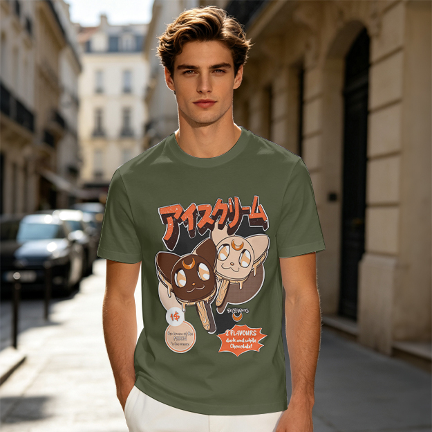 Olive T-shirt with cat ice cream popsicle graphic print