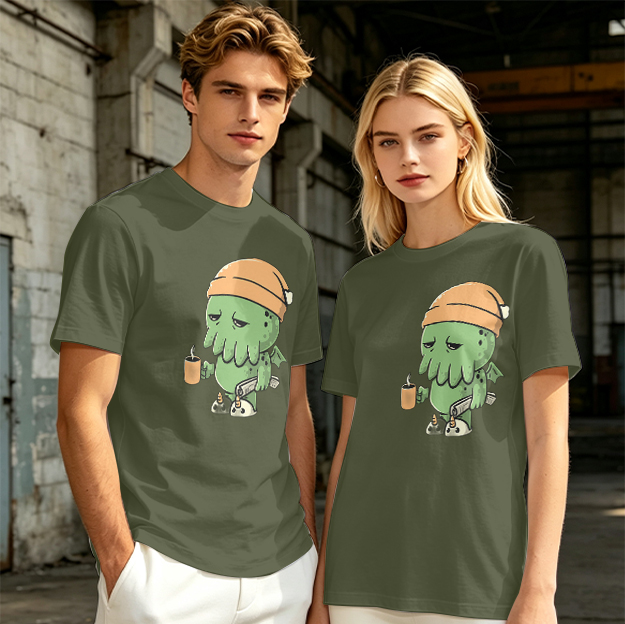 Olive T-Shirt With Sleepy Cthulhu Holding Coffee And Phone
