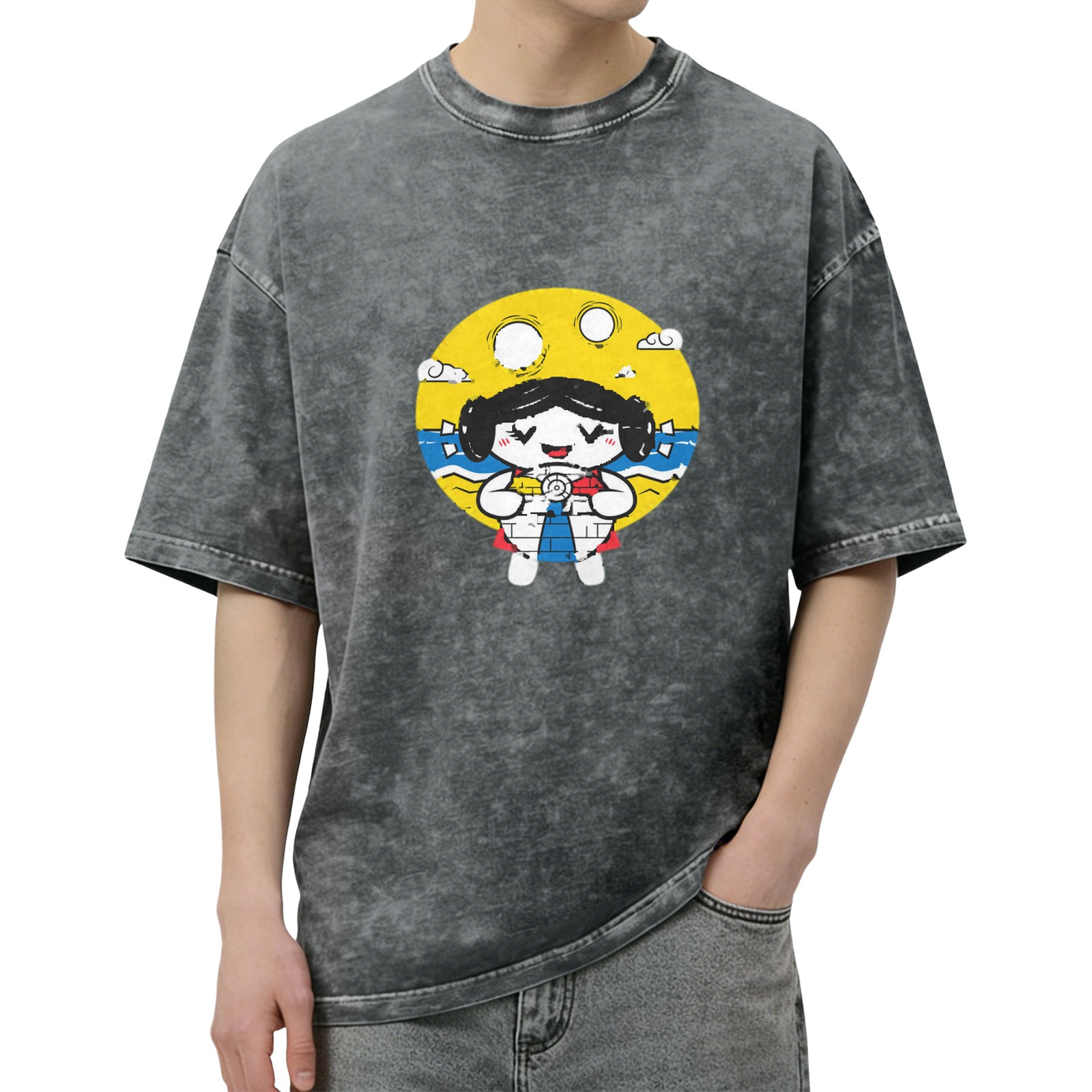 Washed Black T-Shirt With Cute Beach Girl Graphic Print
