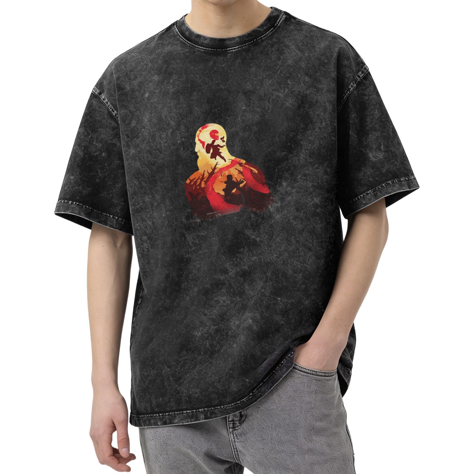 Distressed black printed short-sleeved T-shirt