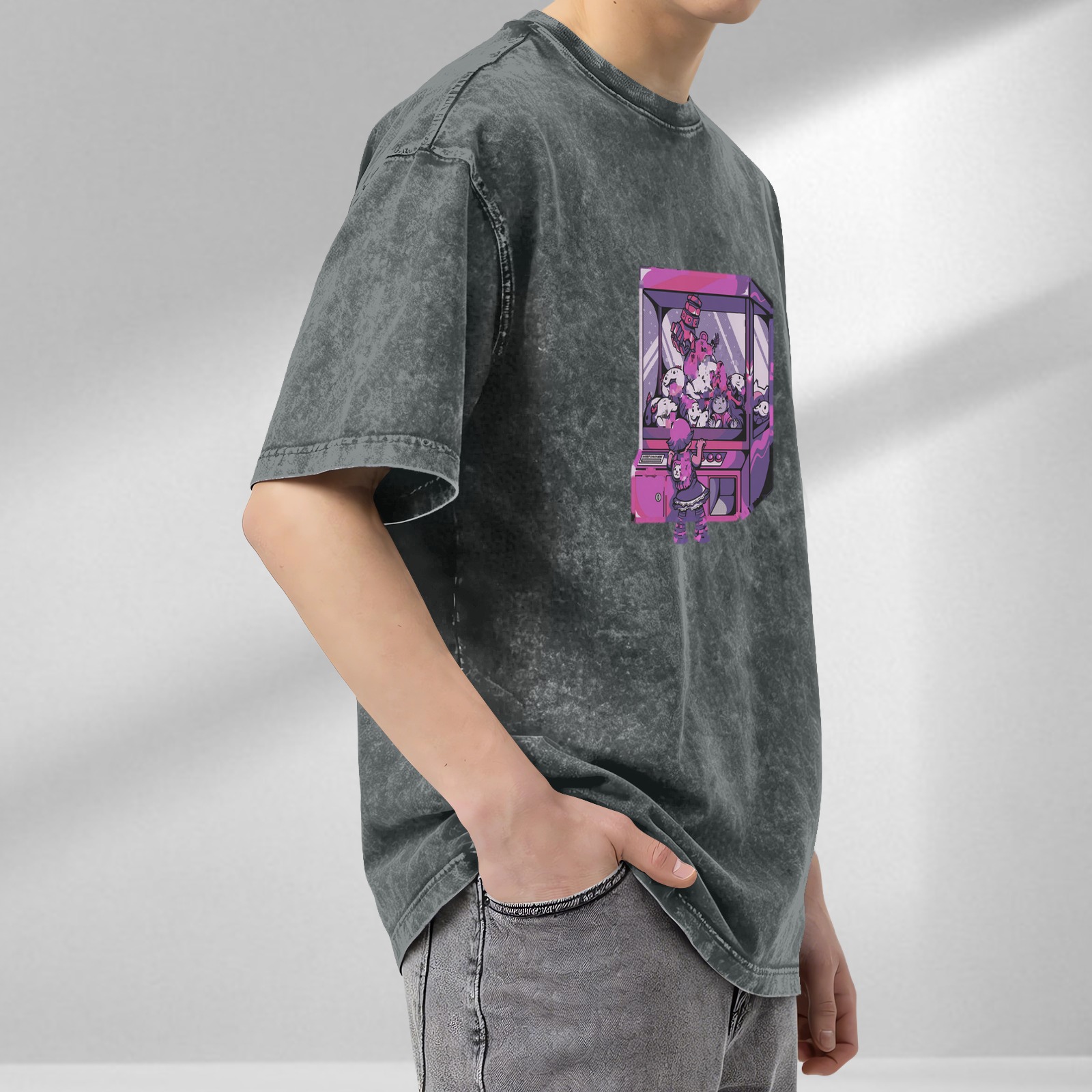 Oversized acid wash t-shirt with anime claw machine graphic