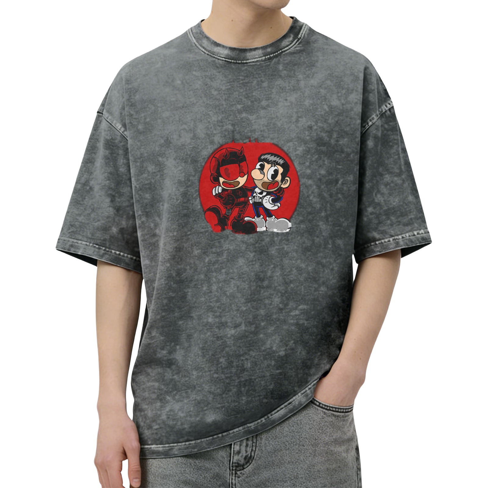 Oversized Washed T-Shirt with Retro Cartoon Superhero Print