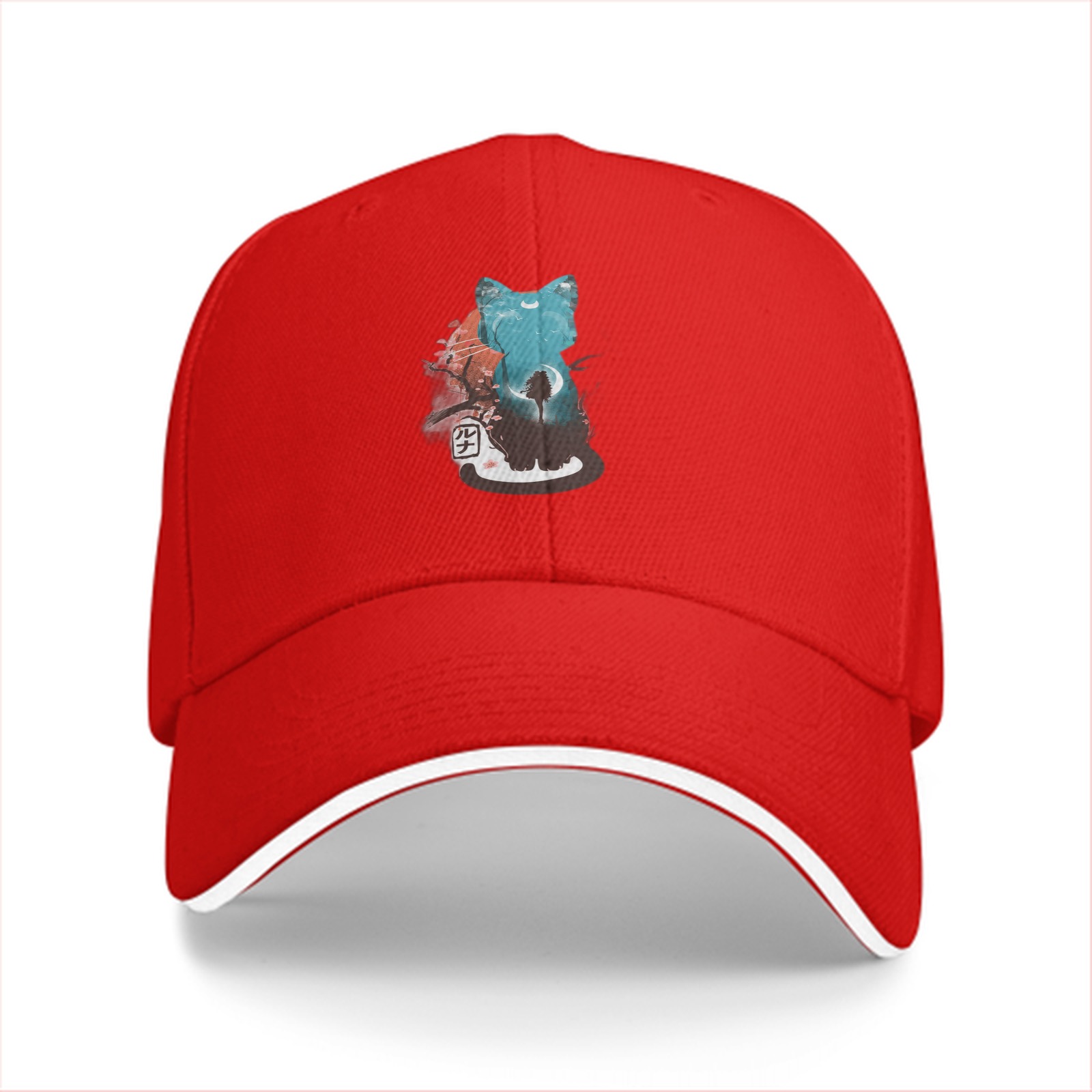 Black baseball cap with artistic cat graphic design