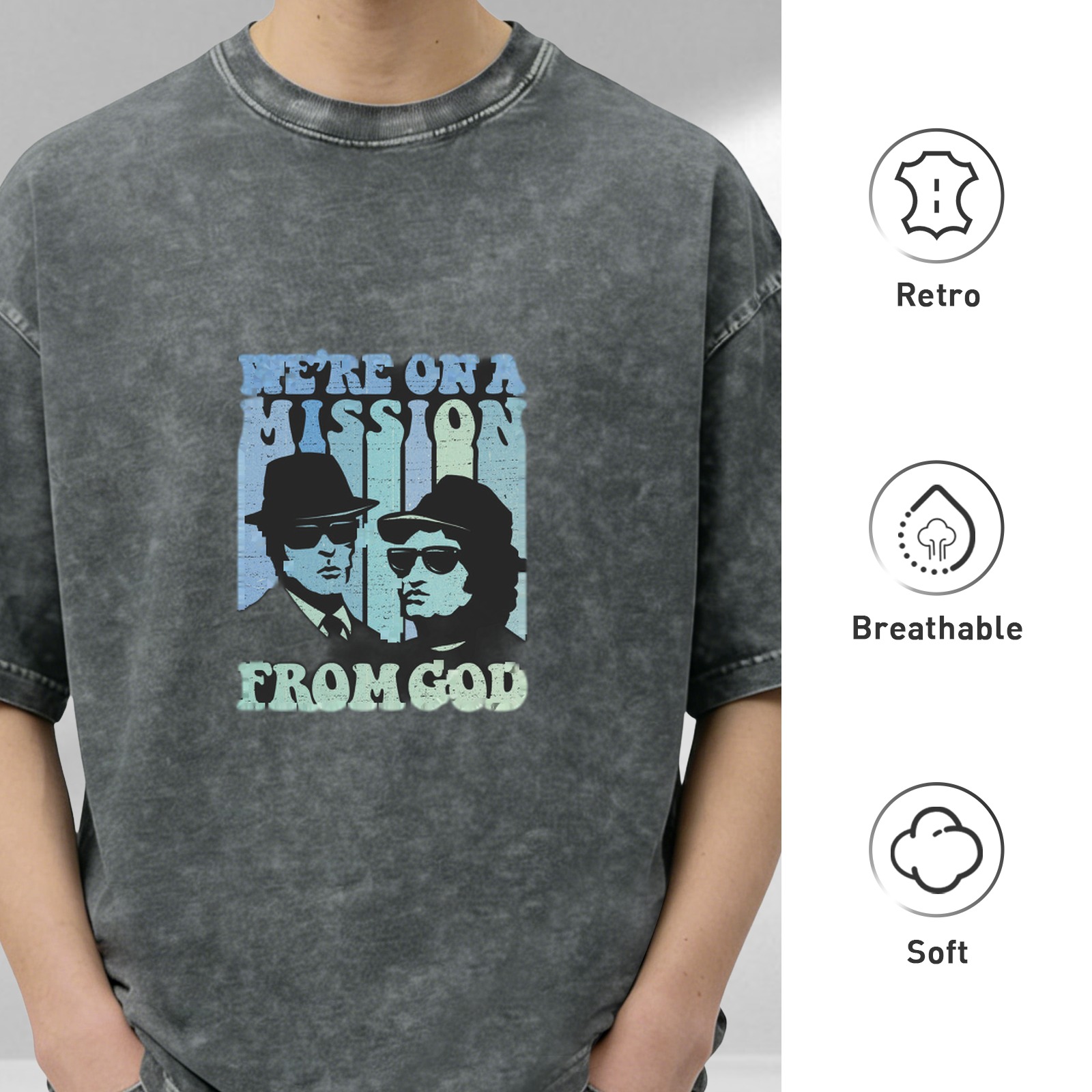 Retro washed black short-sleeved T-shirt Blues Brothers themed print 'We're On A Mission From God' distressed casual top