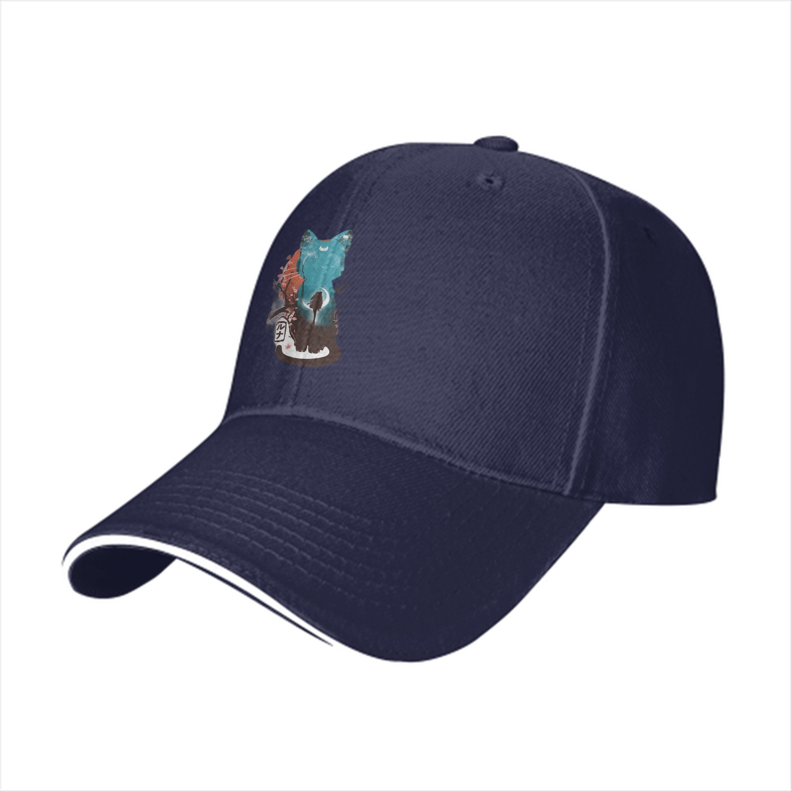 Black baseball cap with artistic cat graphic design