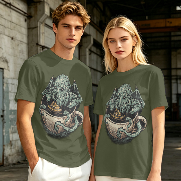 Cthulhu in a teacup with tiny ship graphic t-shirt