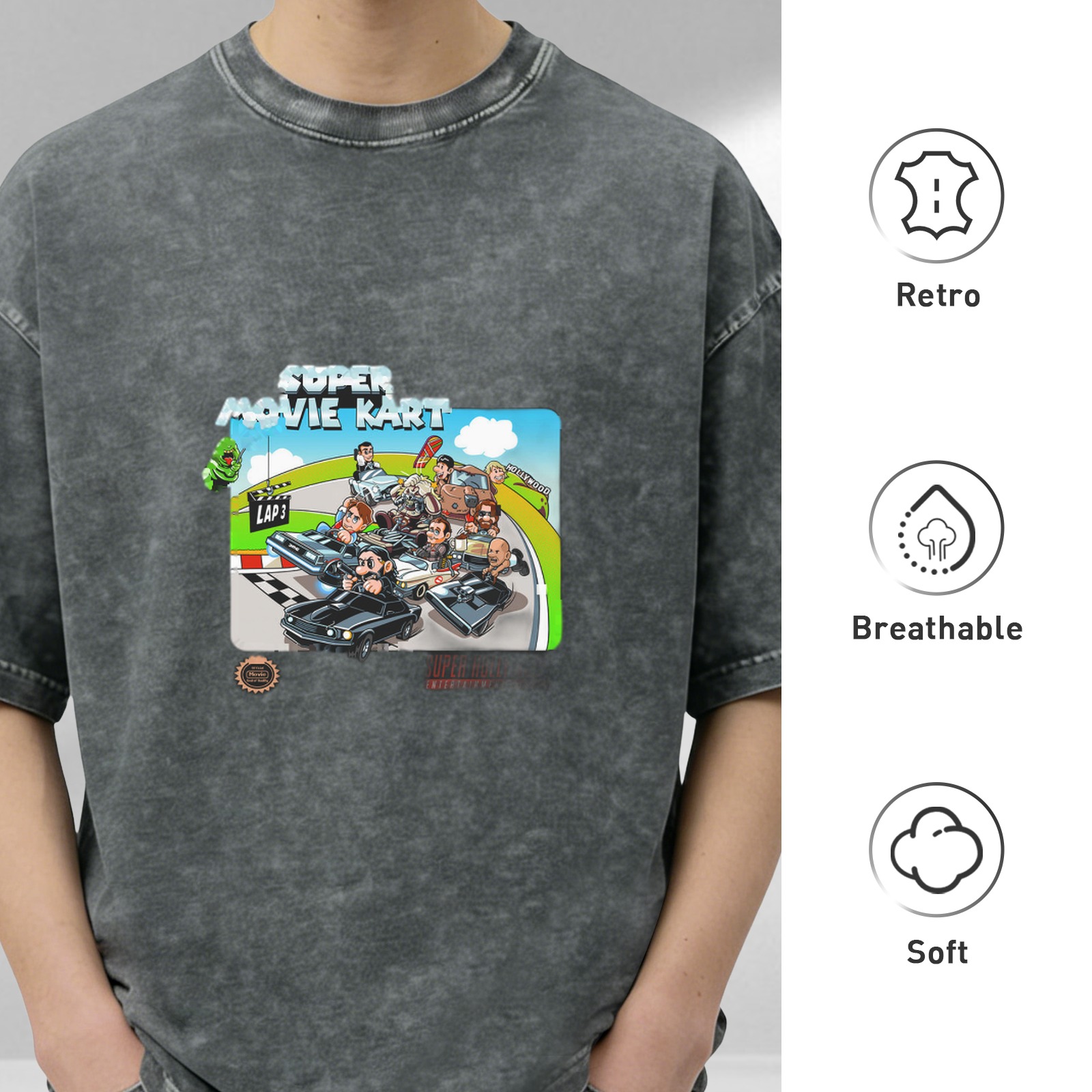 Super Movie Kart Graphic Acid Wash Oversized T-shirt