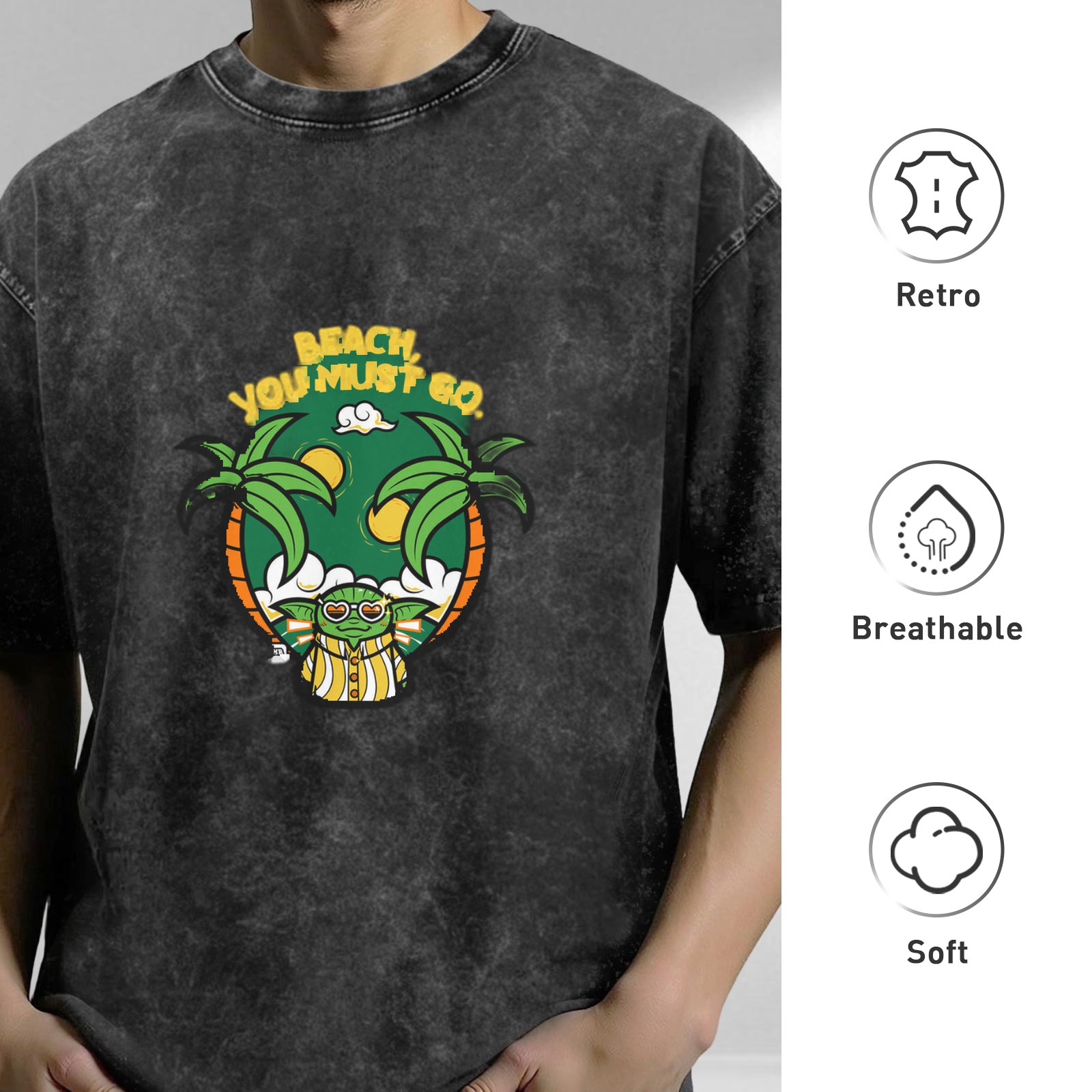 Washed black graphic t-shirt with beach Yoda 'Beach You Must Go' print