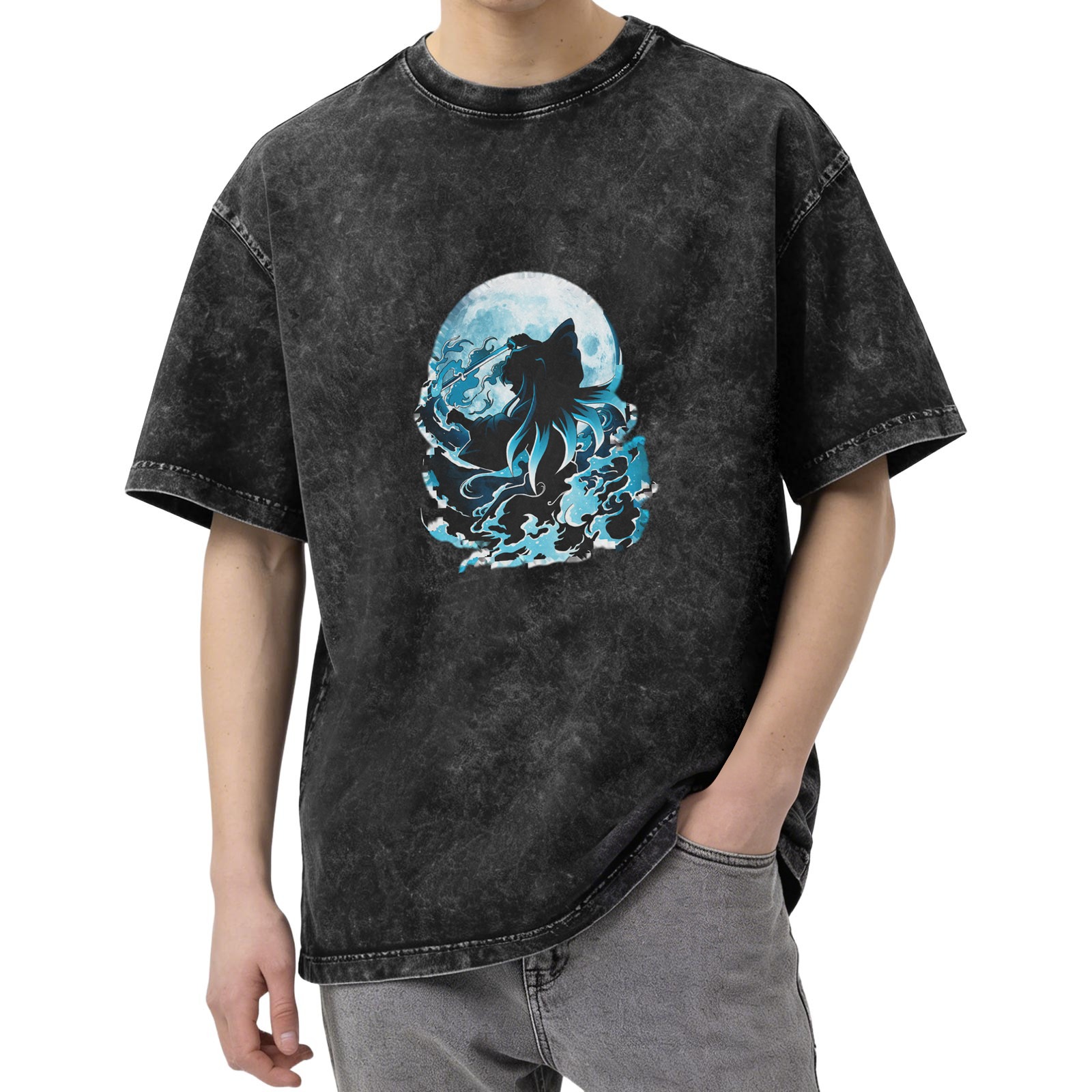 Oversized Acid Wash T-Shirt With Moon Wolf Silhouette Graphic