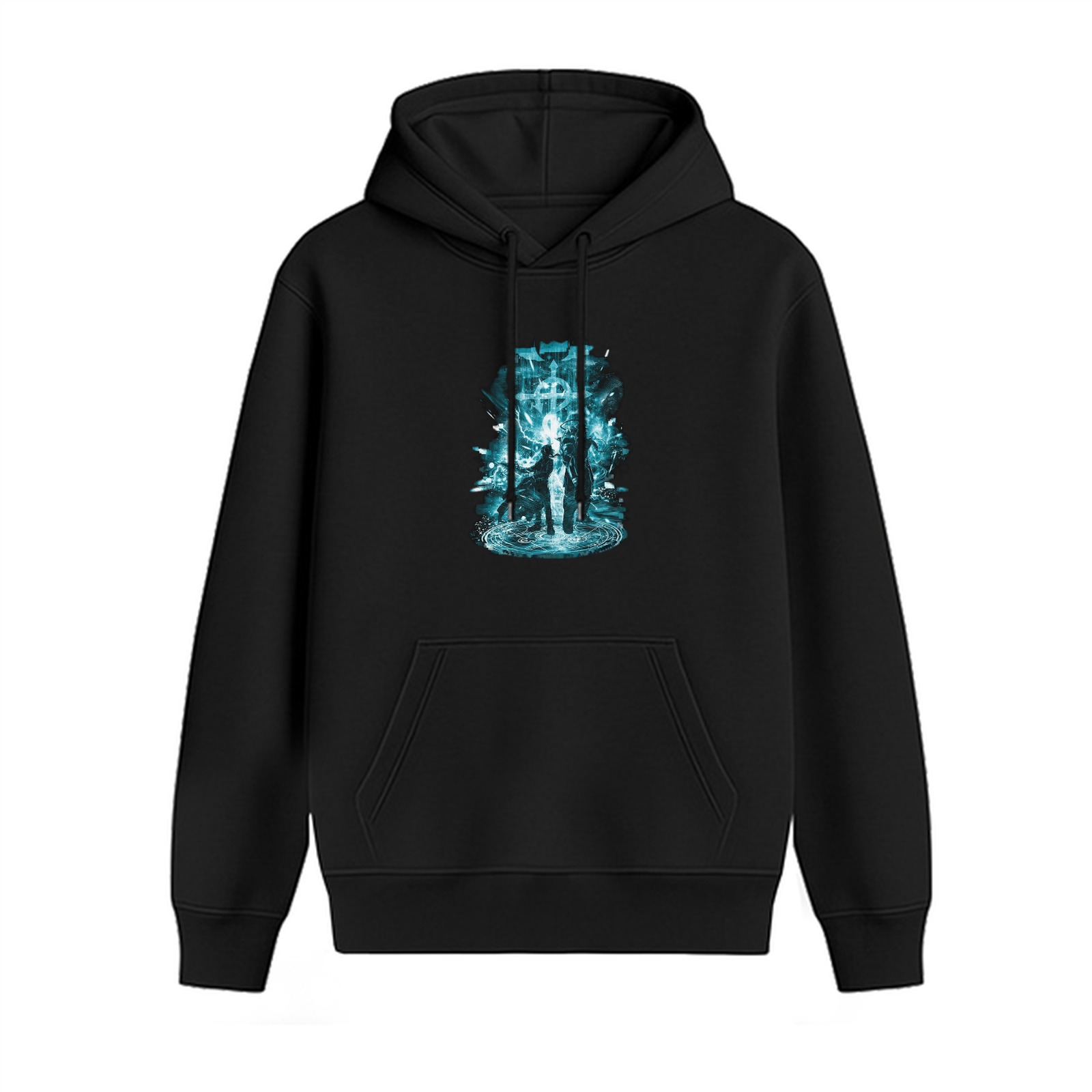 Black Hoodie With Glowing Fantasy Character Art Print