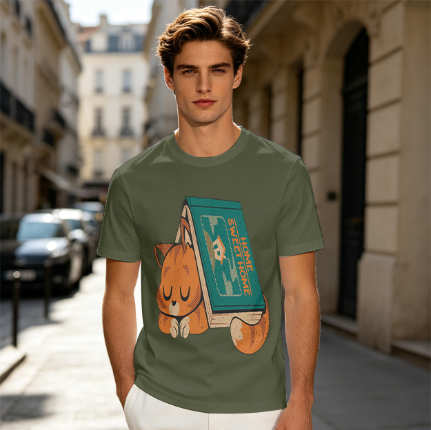 Olive green t-shirt with a sleeping orange cat leaning on a home book print