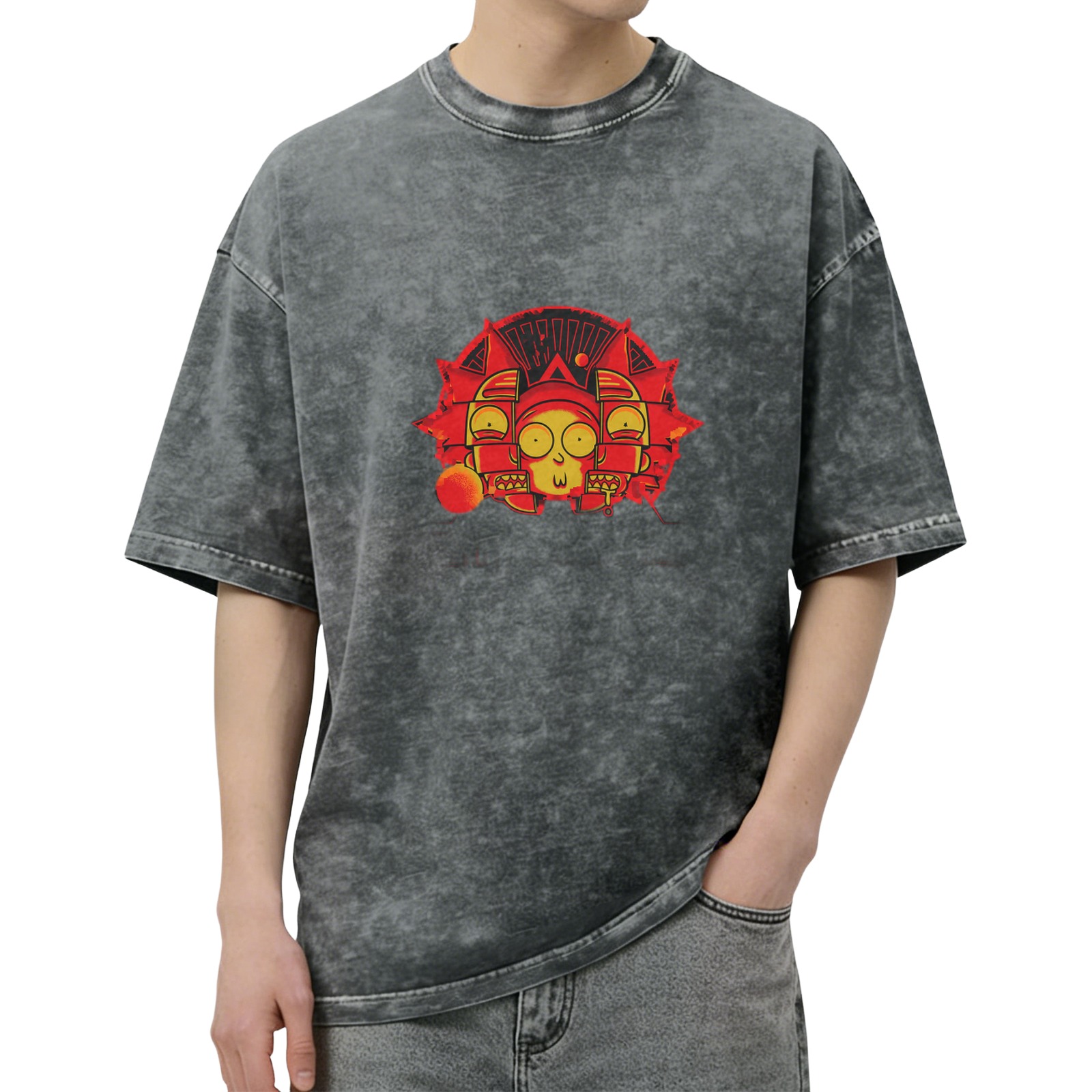 Washed Black T-Shirt With Red And Yellow Cartoon Graphic Print