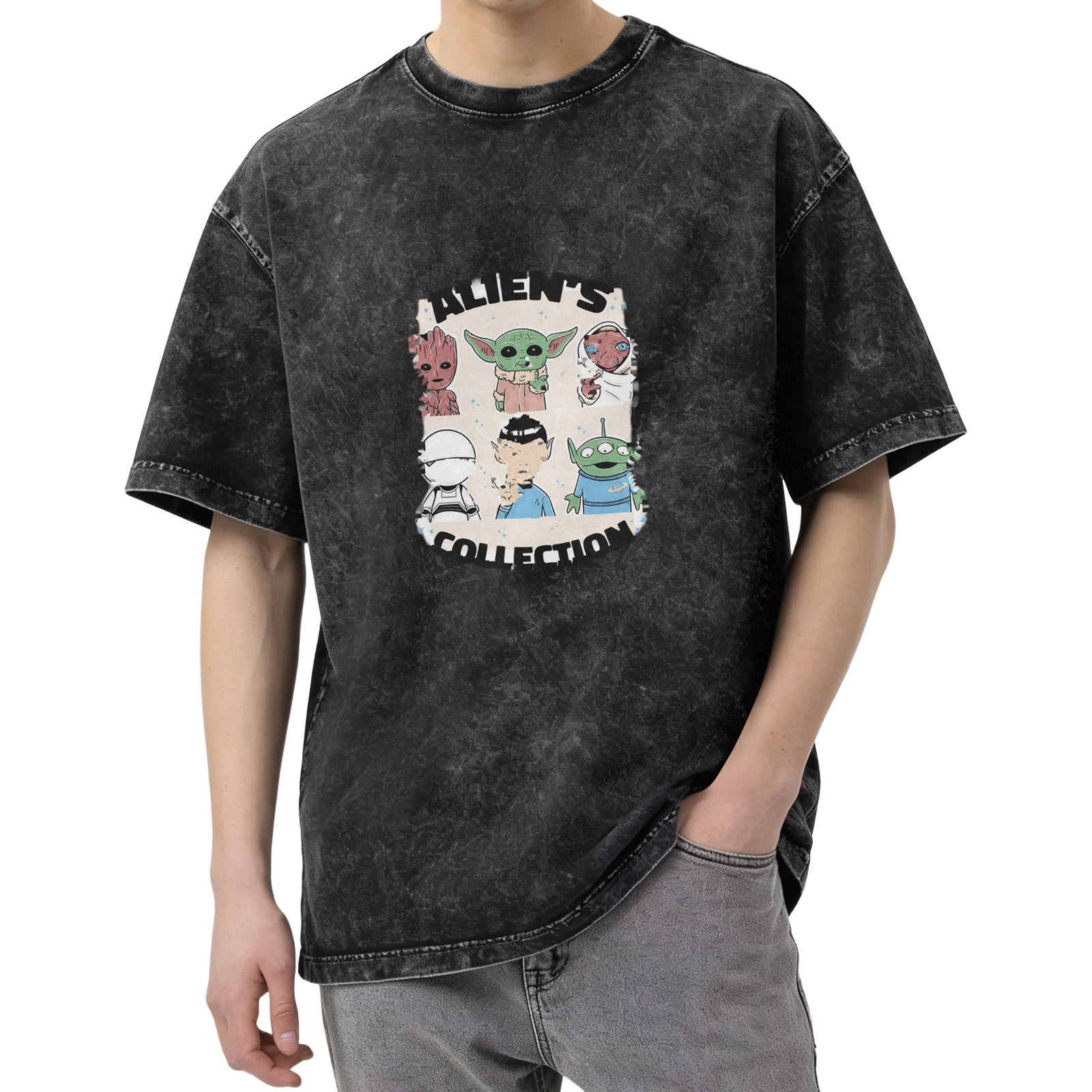 Washed Black T-Shirt with Alien's Collection Graphic Print