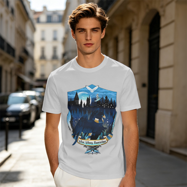 Olive t-shirt with Ravenclaw house crest night castle design