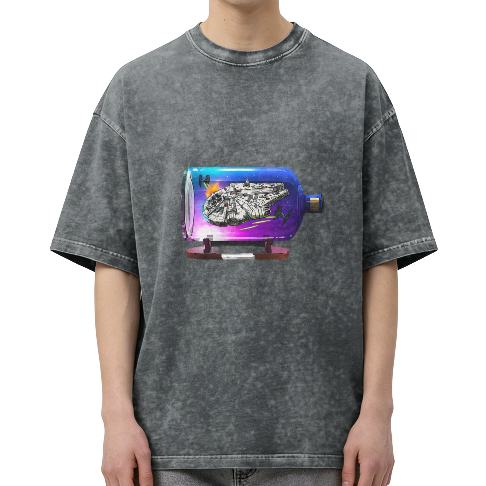 Oversized Acid Wash T-Shirt with Spaceship in Bottle Graphic