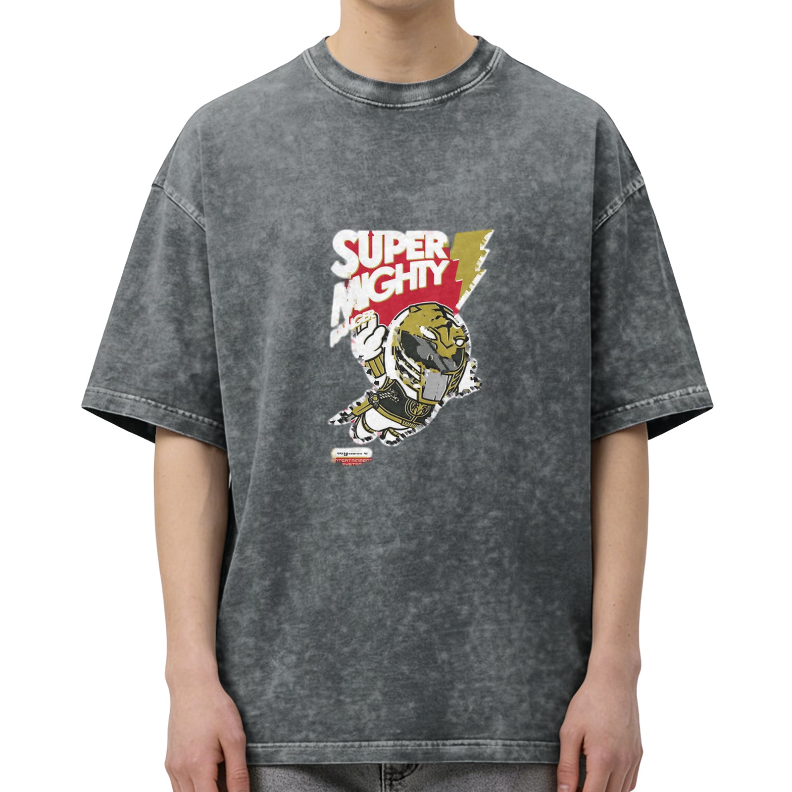 Washed Black Graphic T-Shirt with Super Mighty Hero Print