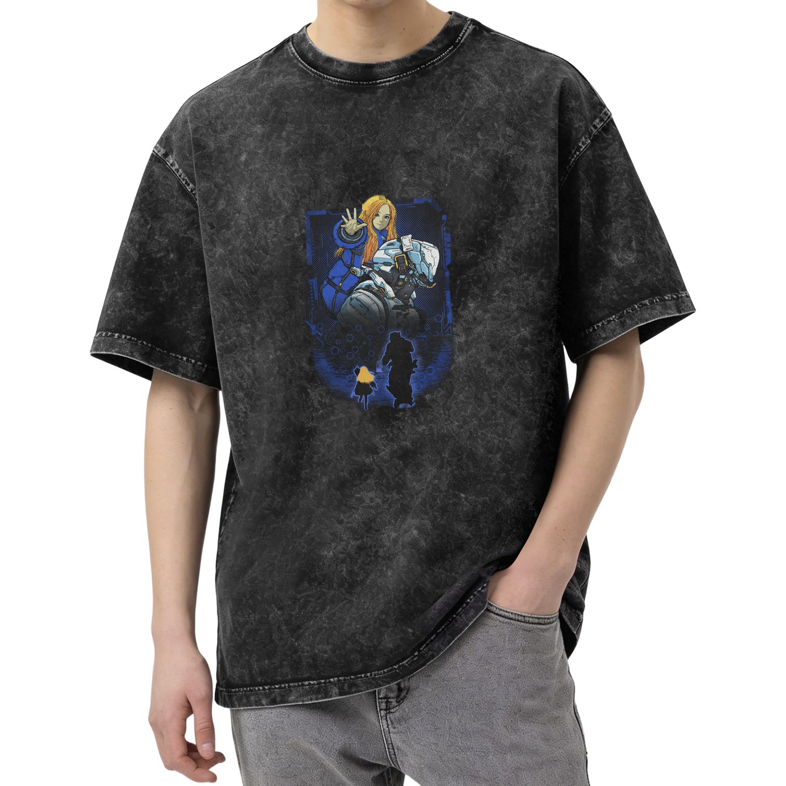 Washed Black T-Shirt With Sci-Fi Anime Character Graphic Print