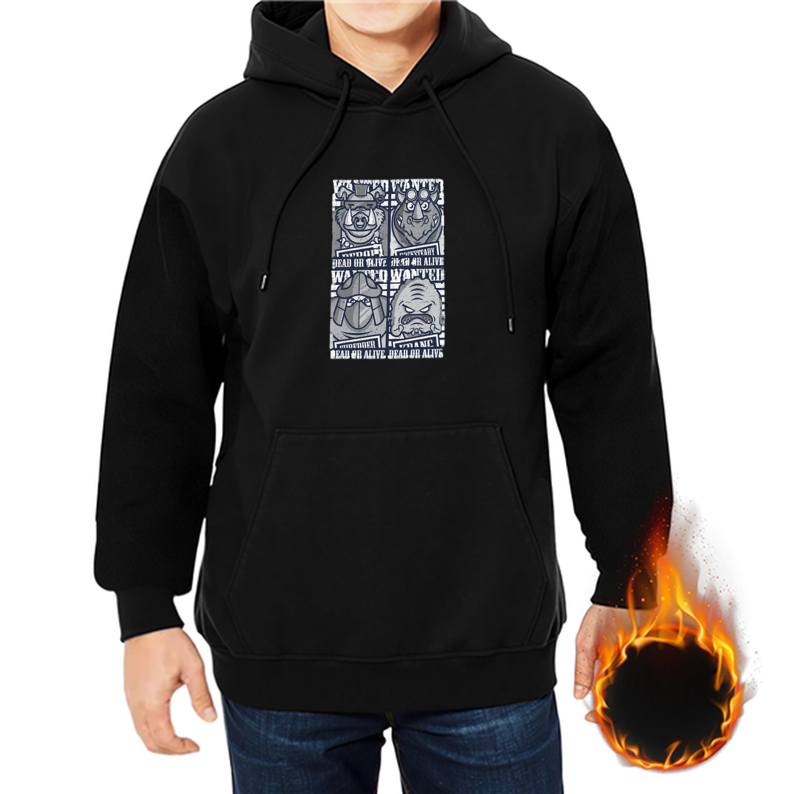Black hoodie with four cartoon character wanted poster print