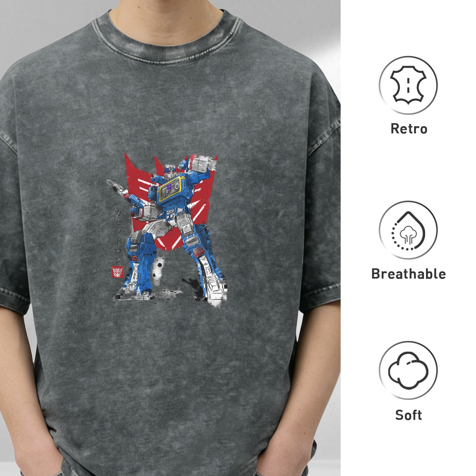 Oversized Washed Black T-shirt with Transformers Soundwave Graphic Print