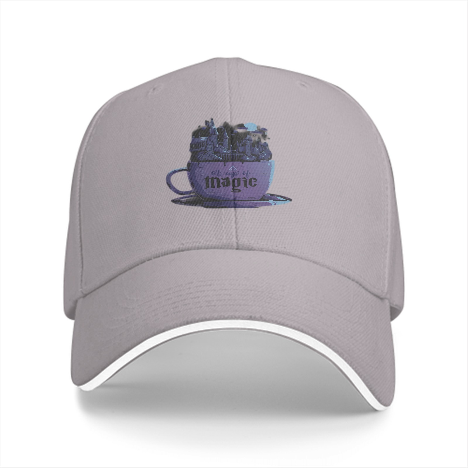 Black baseball cap with purple teacup magic graphic print