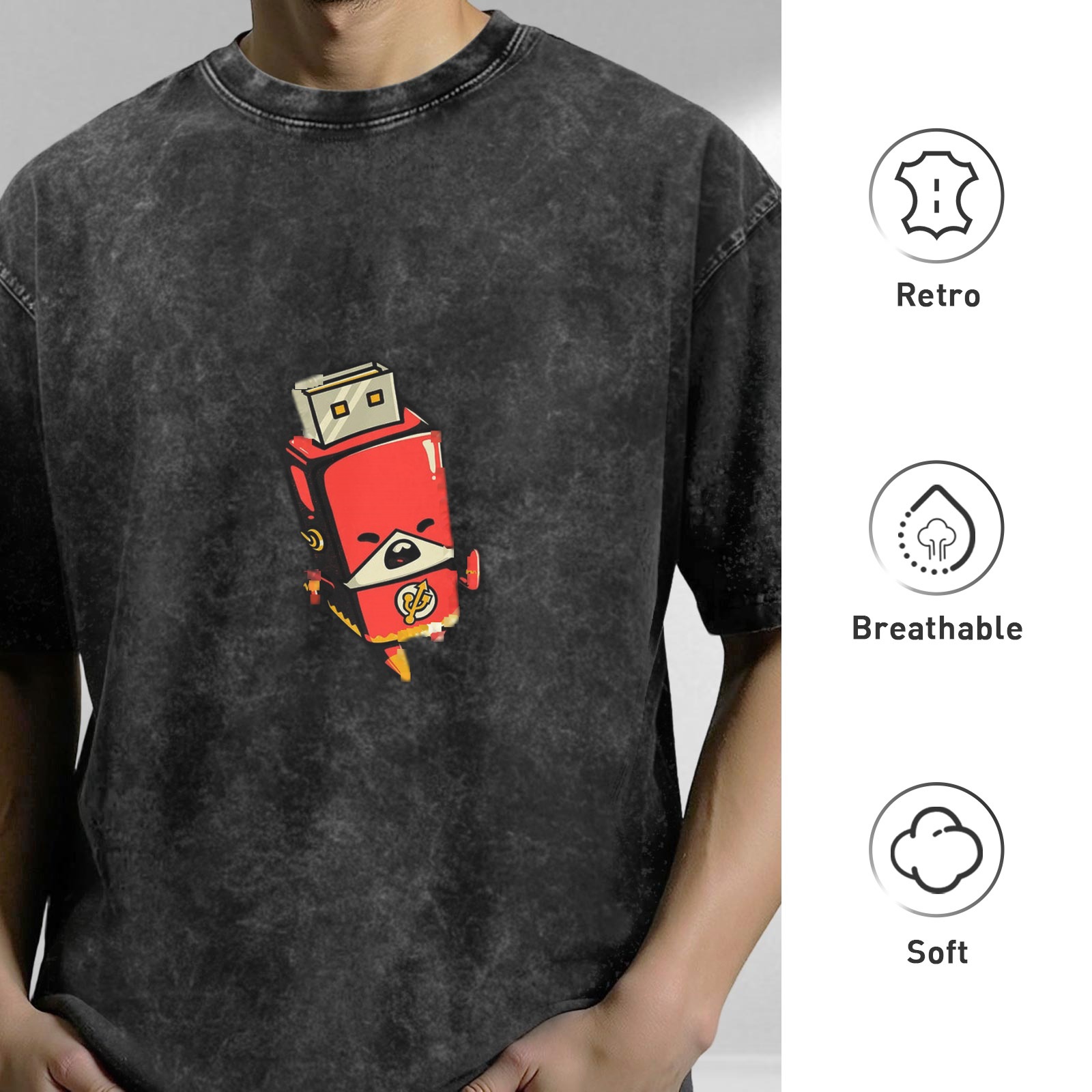 Distressed washed black cartoon U disk Superman printed short-sleeved T-shirt