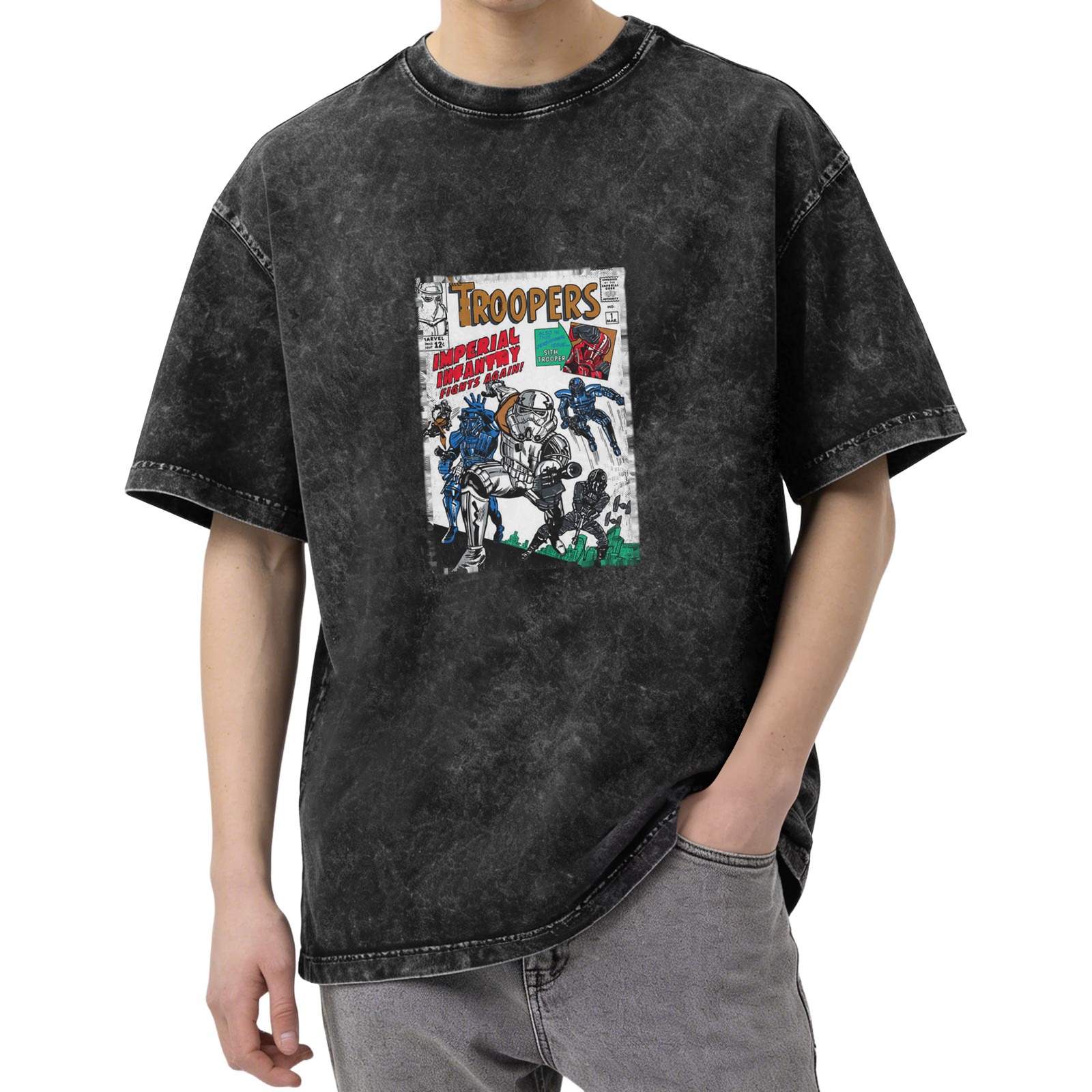 Washed Black T-Shirt with Retro Troopers Imperial Infantry Comic Print