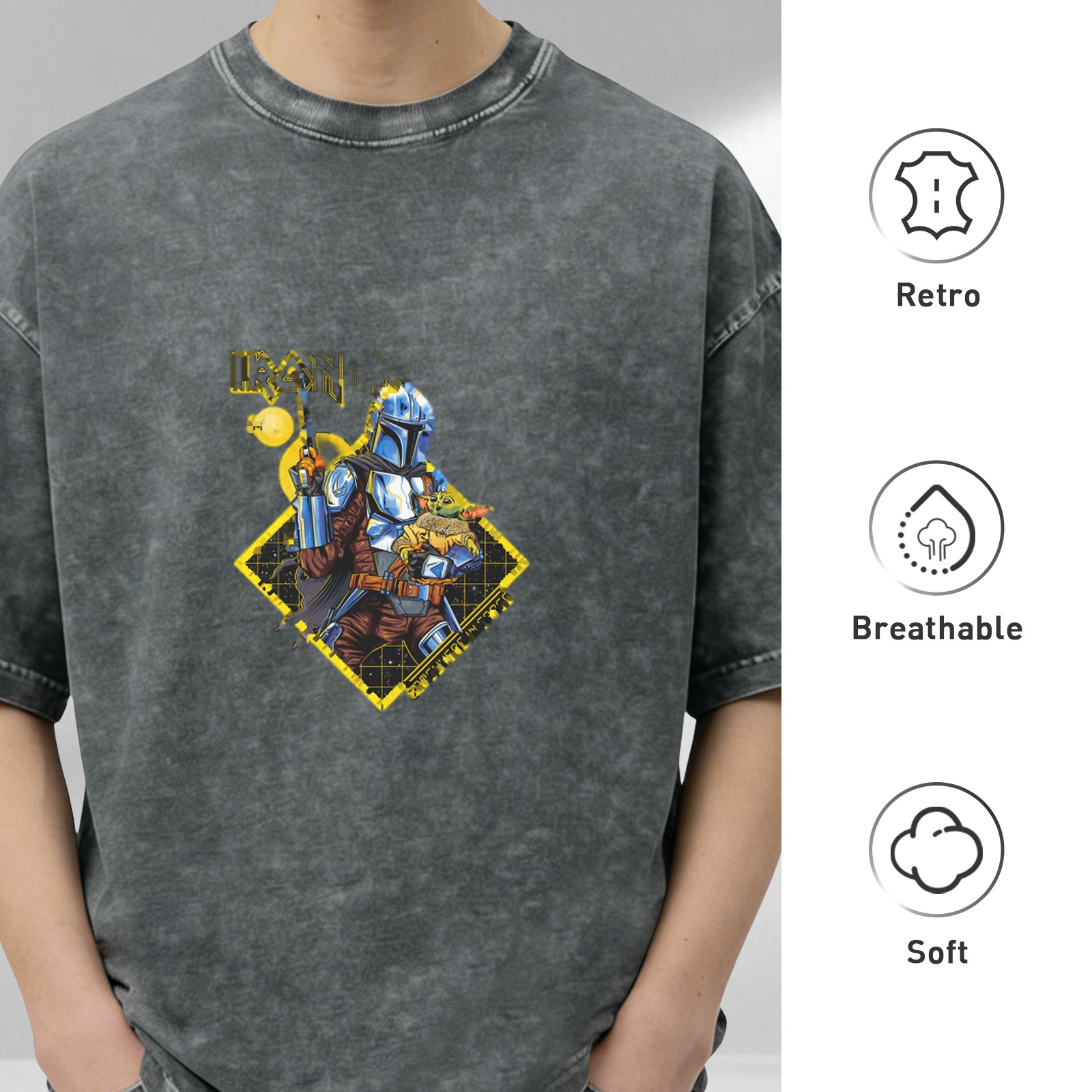 Washed Black Oversized T-Shirt with Mandalorian & Grogu Graphic Print