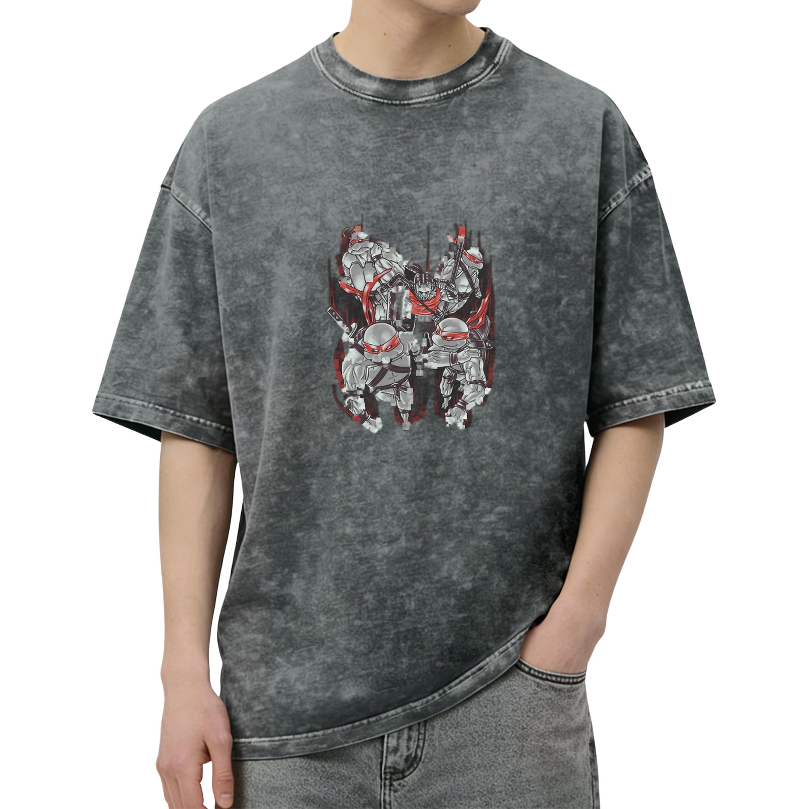 Washed Black T-Shirt with Futuristic Ninja Turtles Graphic