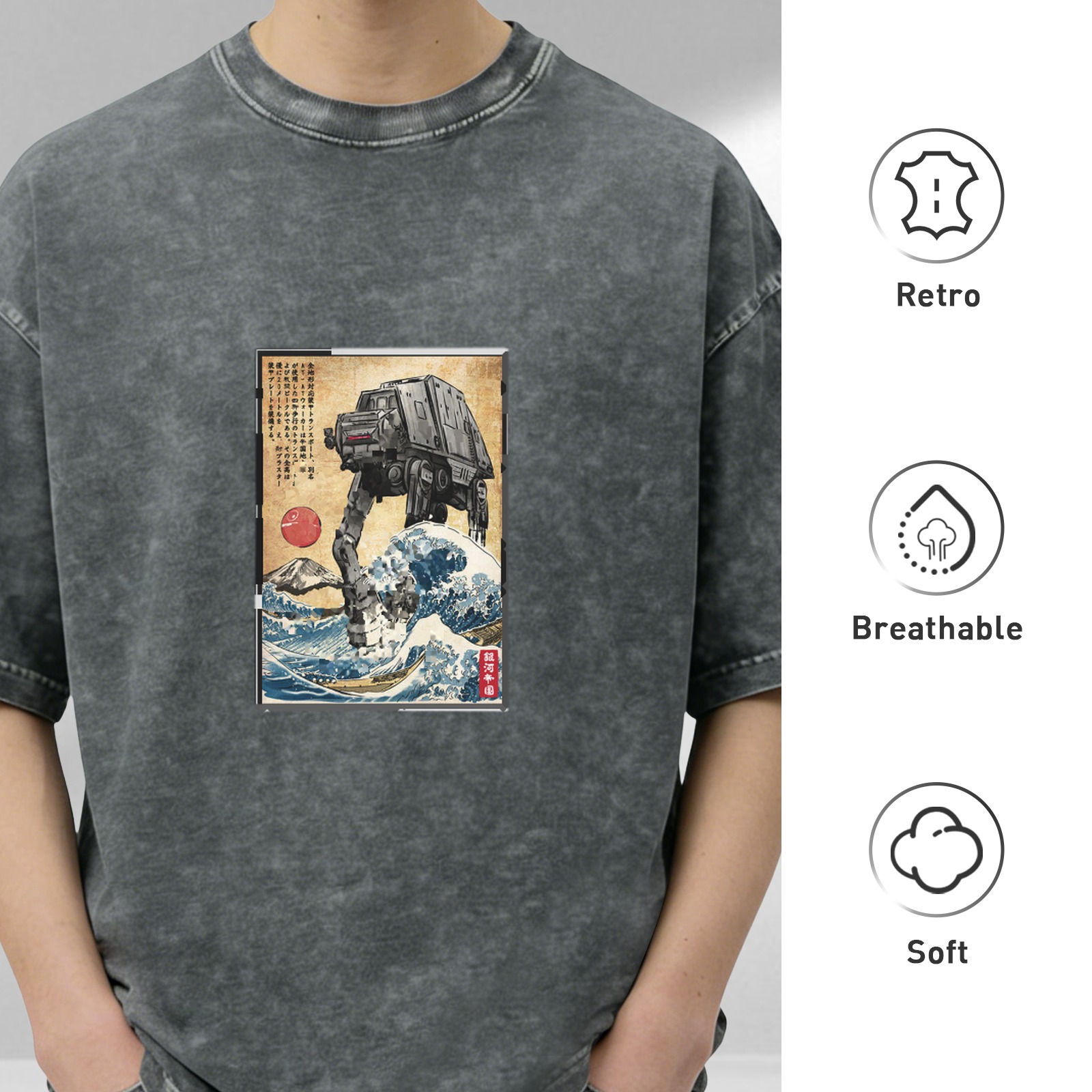 Star Wars AT-AT Walker in The Great Wave off Kanagawa Ukiyo-e Vintage Wash T-Shirt