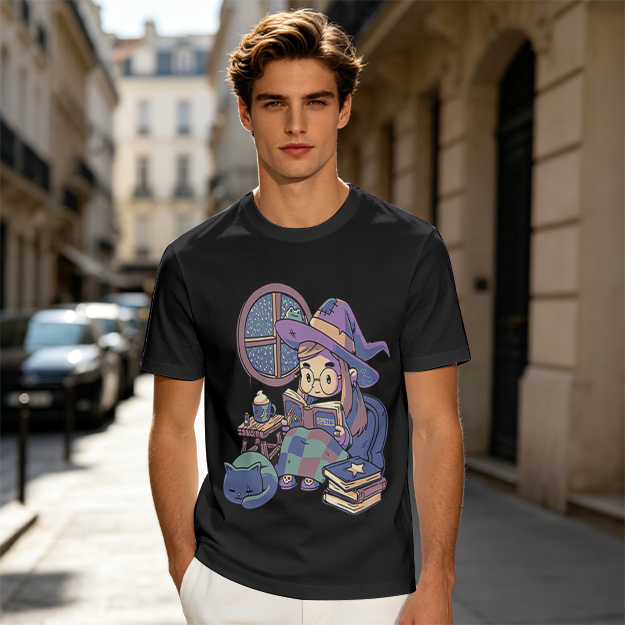 Olive t-shirt with cozy reading witch and cat graphic