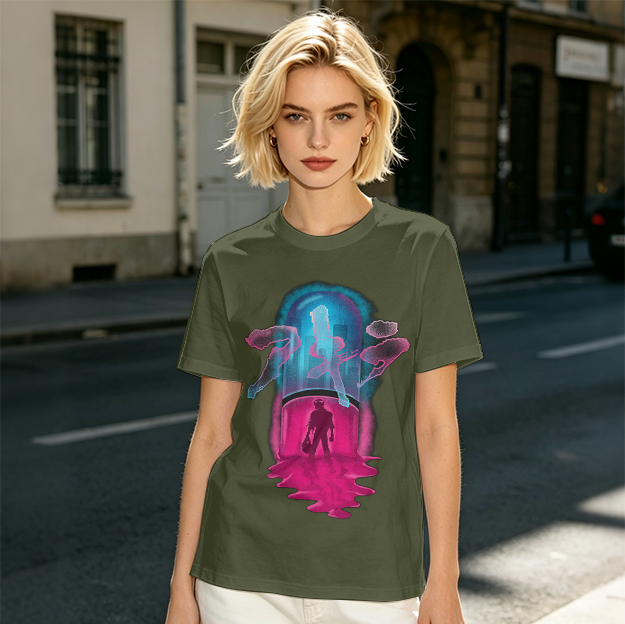 Olive T-Shirt With Neon Capsule Anime Inspired Graphic Print