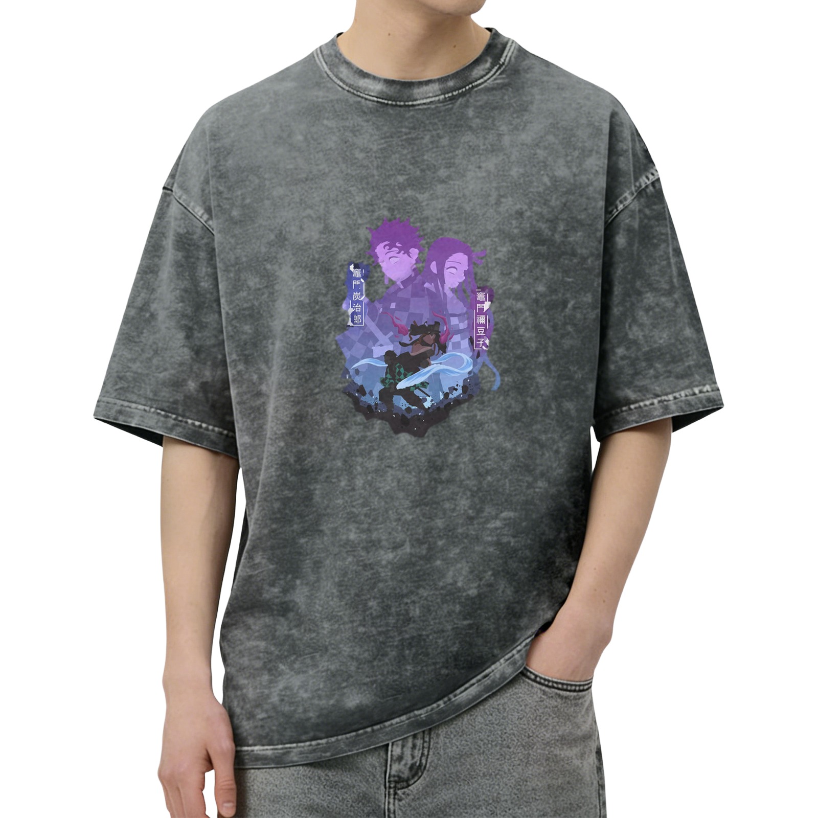 Demon Slayer Tanjiro Nezuko Graphic Washed Black T-Shirt