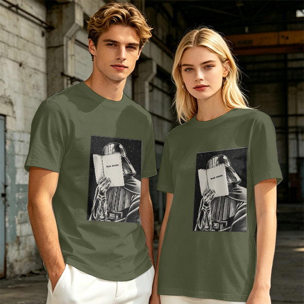 Olive T-shirt with Darth Vader reading a book graphic