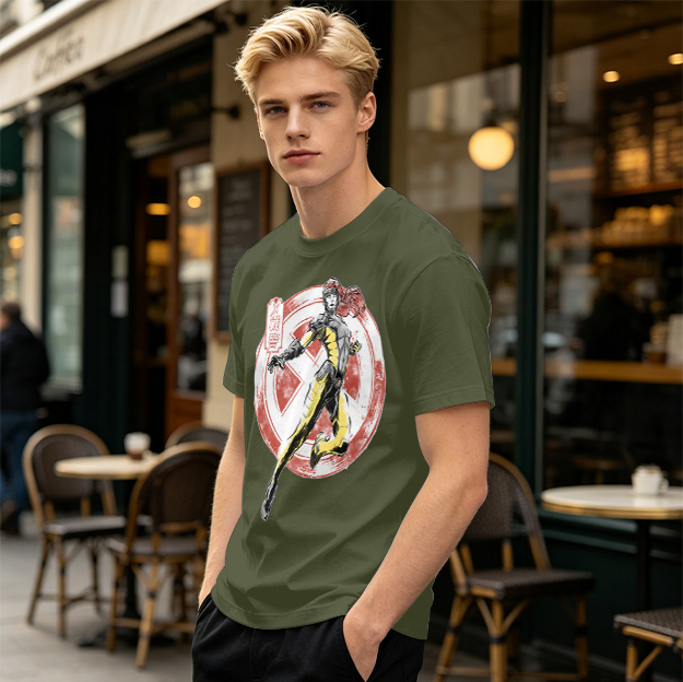 Olive T-shirt with X-Men style superhero graphic print