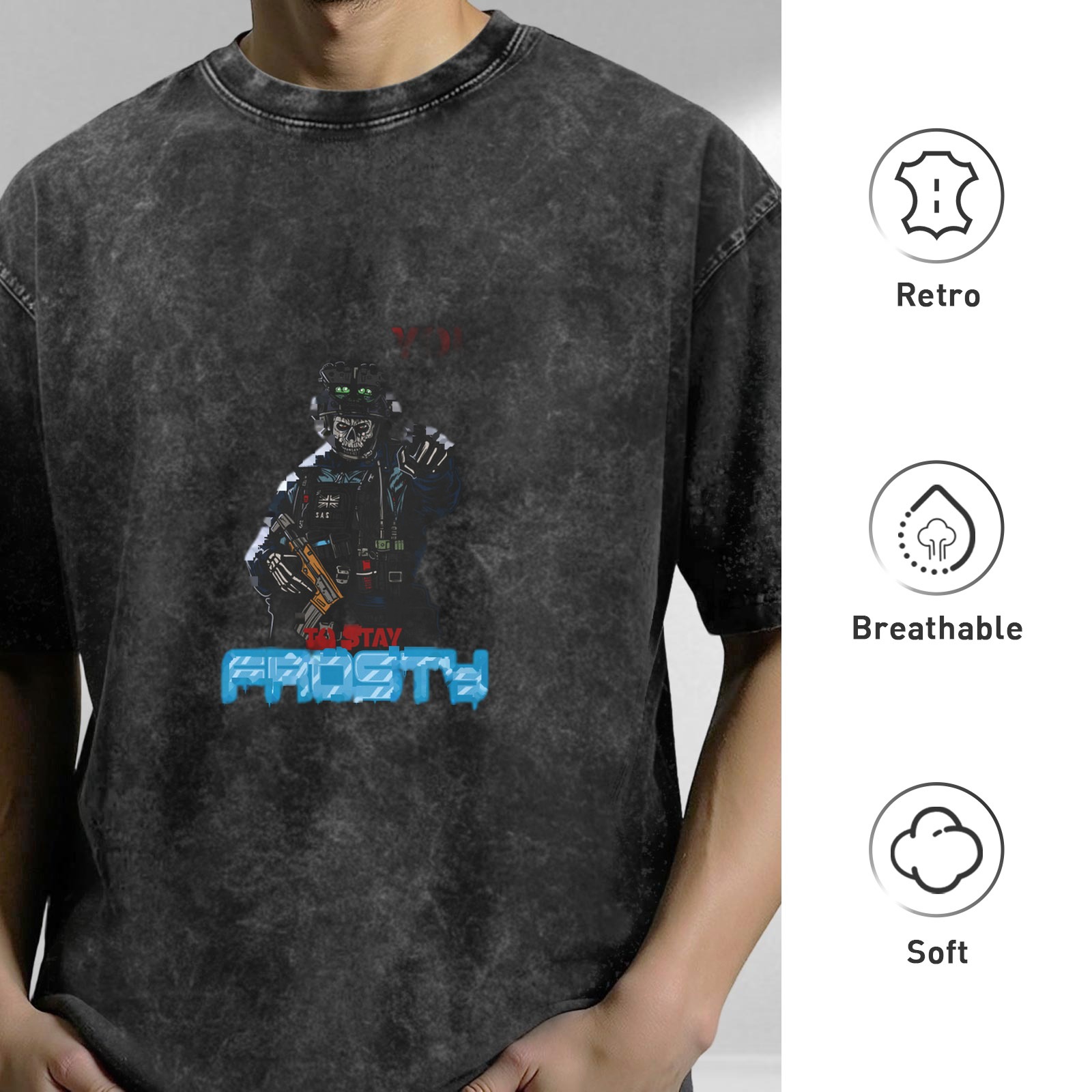 Oversized Dark Wash Graphic Tee with Stay Frosty Skeleton Soldier Print