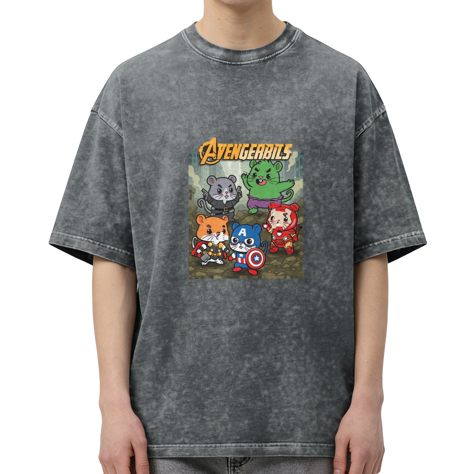 Avengerbils Hamster Superhero Graphic Acid Wash T-Shirt