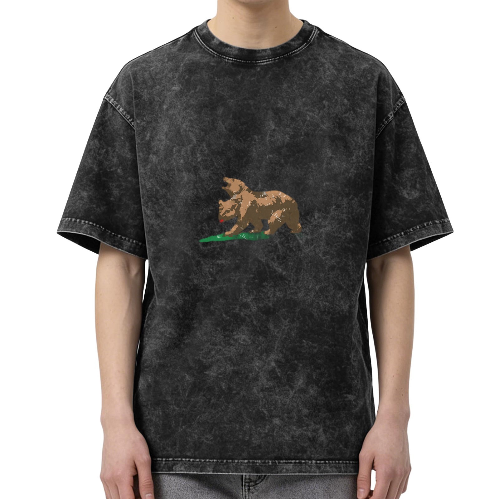Oversized Acid Wash T-Shirt with California Bear Graphic