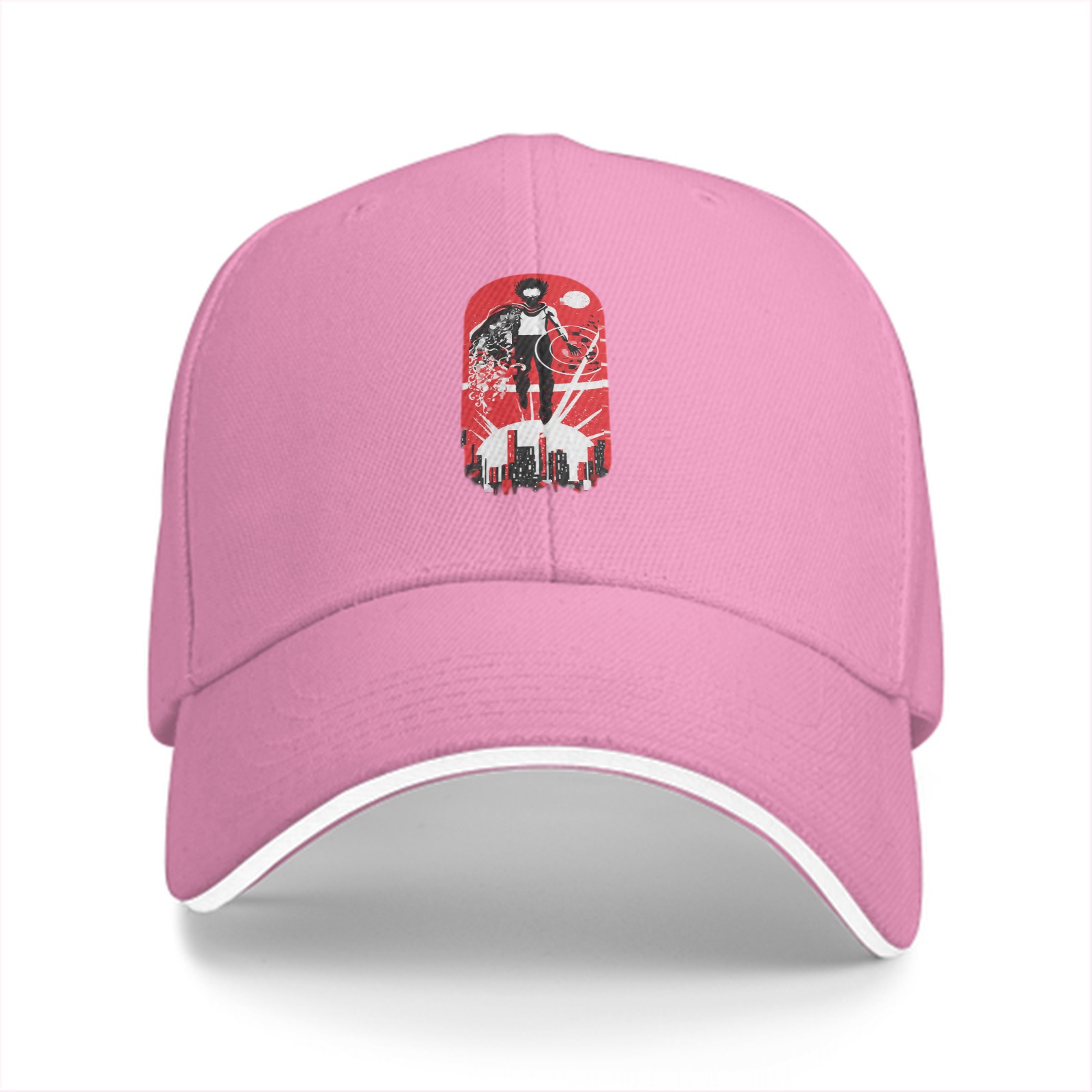Black Baseball Cap with Superhero Cityscape Graphic Print