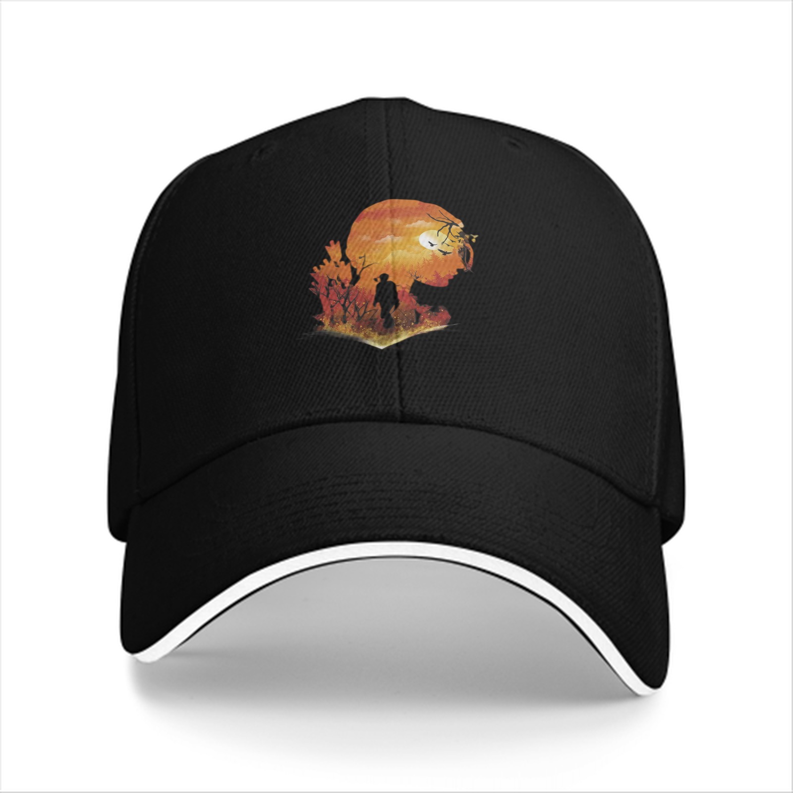 Black Baseball Cap With Sunset Silhouette Landscape Art Print
