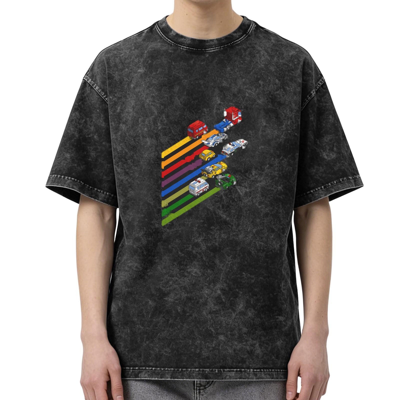Washed black graphic t-shirt with retro vehicle rainbow stripes design