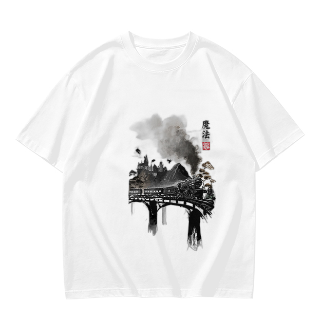 Olive green t-shirt with ink-style piano and landscape graphic