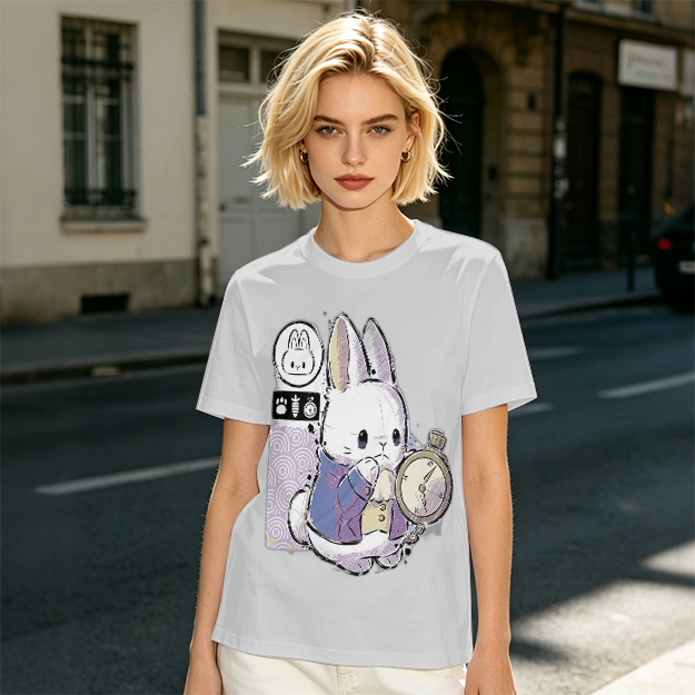 Olive T-Shirt With White Rabbit Holding Pocket Watch Print