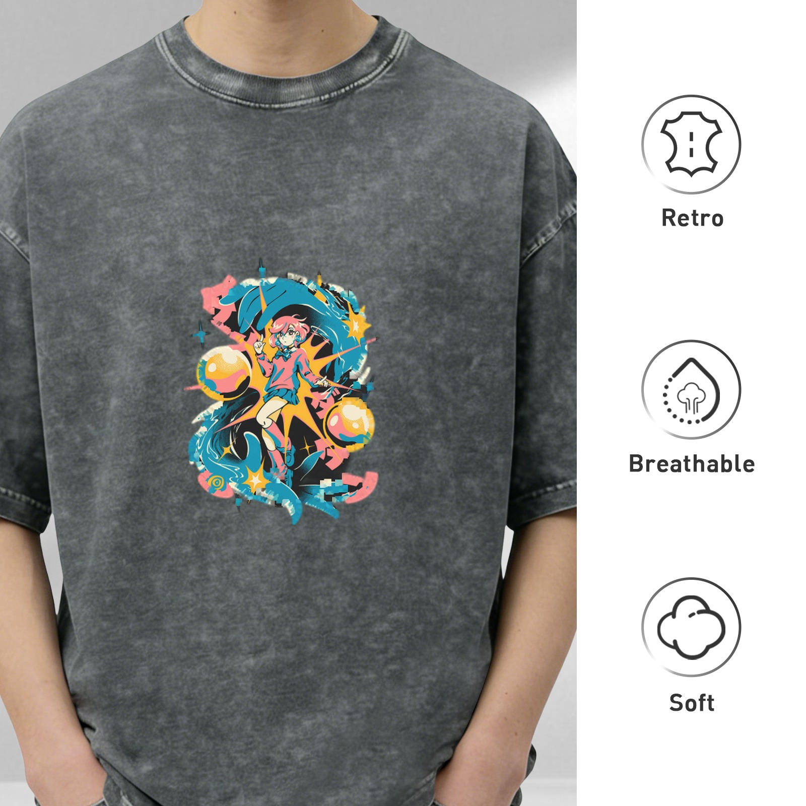 Oversized Acid Wash T-Shirt with Anime Graphic Print