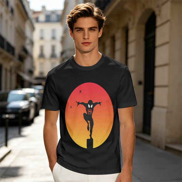 Olive T-Shirt with Spider-Man Silhouette Sunset Graphic