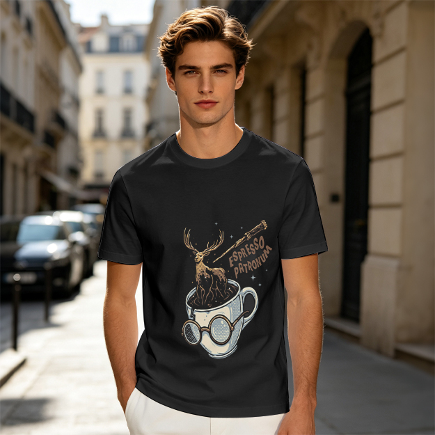 Olive T-Shirt with Espresso Patronum Deer Coffee Cup Art
