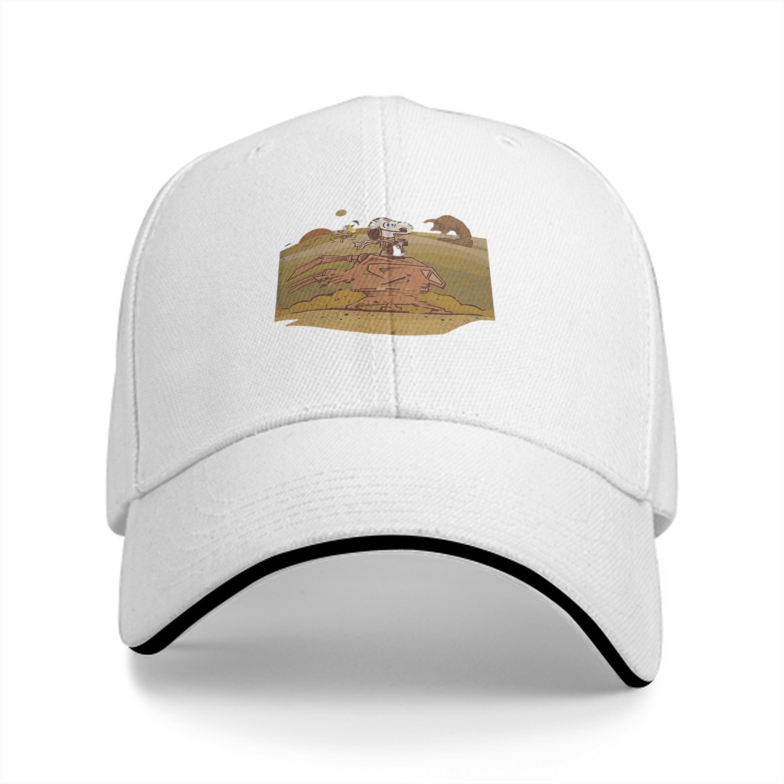 Black baseball cap with Snoopy desert scene graphic print