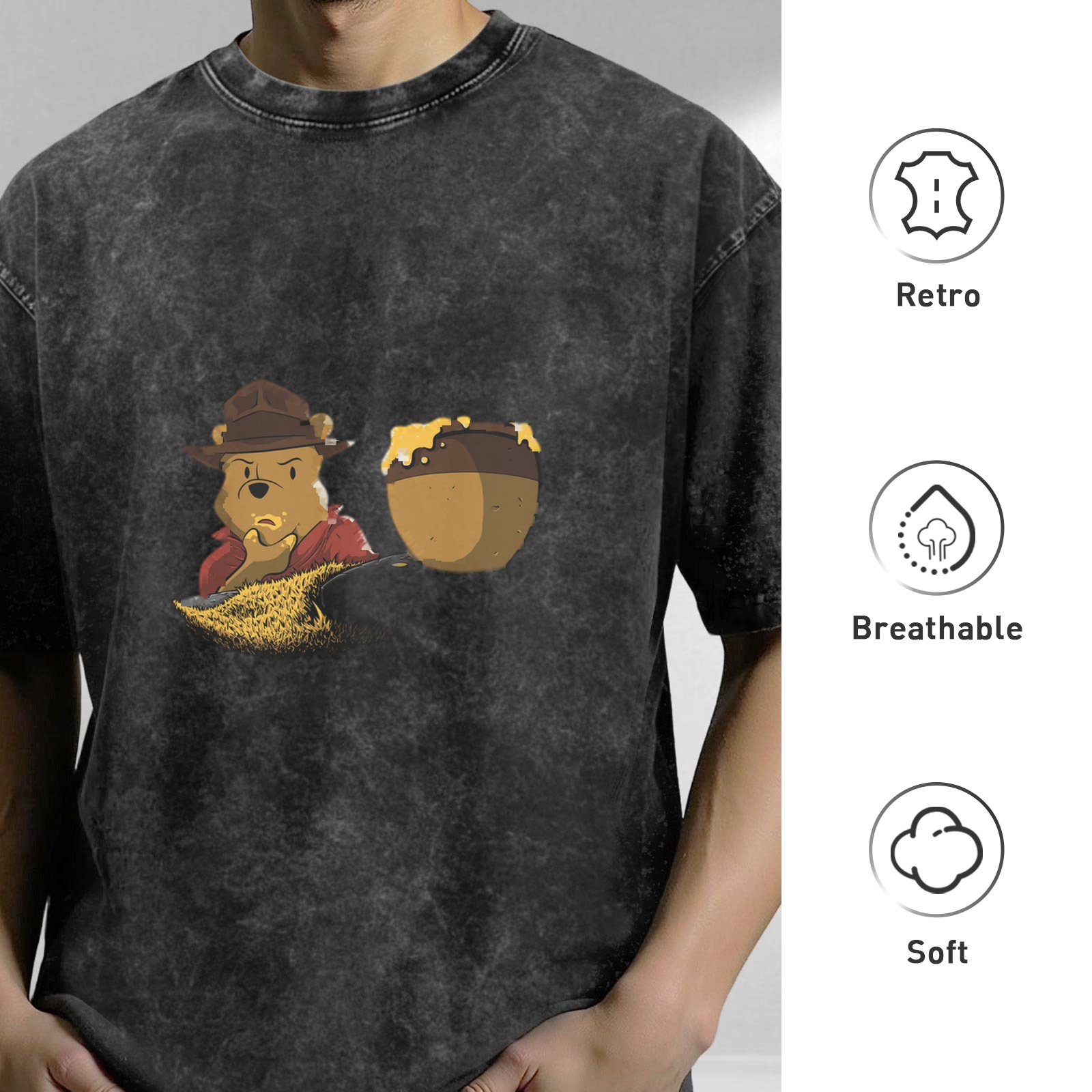 Winnie the Pooh Honey Pot Graphic Acid Wash Black T-Shirt