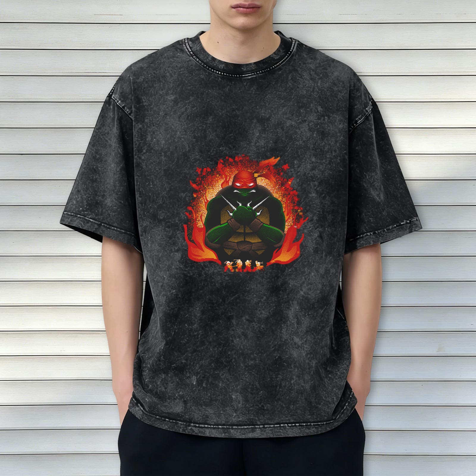Washed Black T-Shirt With Ninja Turtle Raphael Fire Graphic